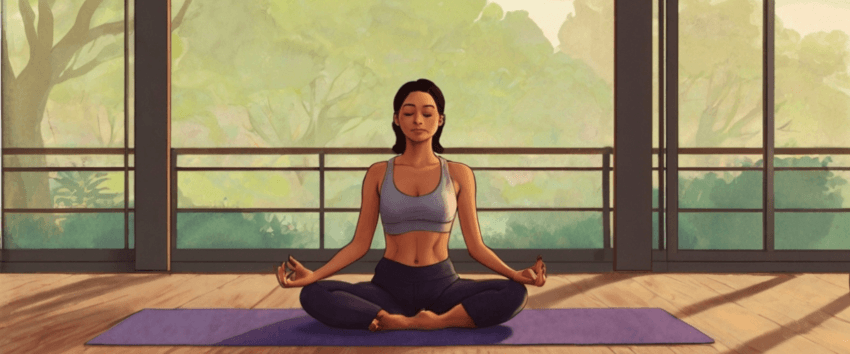 a girl in the illustration sitting on a mat for yoga meditation